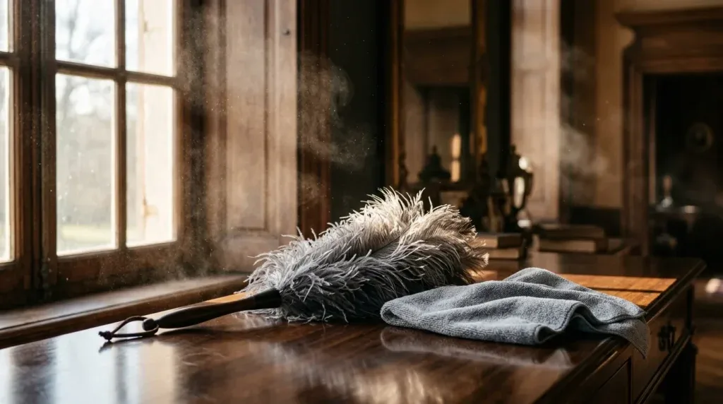 For this article, select a creative concept directly related to the topic, and create visuals with cinematic quality and the aesthetic of an editorial magazine cover, ensuring each composition is unique and distinct. The visuals must be in landscape format, with a 16:9 aspect ratio, and feature a wide, horizontal composition—vertical or square formats are strictly prohibited. Wide landscape format only, no portrait, no square.“The Foundation of Effective Dusting: Manual Tools for Every Surface”