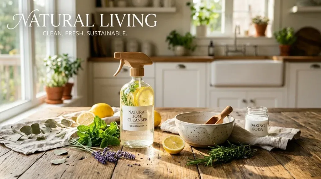 For this article, select a creative concept directly related to the topic, and create visuals with cinematic quality and the aesthetic of an editorial magazine cover, ensuring each composition is unique and distinct. The visuals must be in landscape format, with a 16:9 aspect ratio, and feature a wide, horizontal composition—vertical or square formats are strictly prohibited. Wide landscape format only, no portrait, no square.“DIY Eco-Friendly floor cleaning Recipes”
