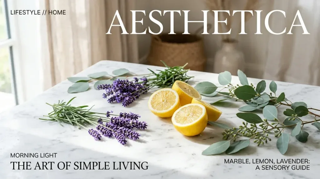 For this article, select a creative concept directly related to the topic, and create visuals with cinematic quality and the aesthetic of an editorial magazine cover, ensuring each composition is unique and distinct. The visuals must be in landscape format, with a 16:9 aspect ratio, and feature a wide, horizontal composition—vertical or square formats are strictly prohibited. Wide landscape format only, no portrait, no square.“Choosing Your Aromas: Top Essential Oils for Cleaning”