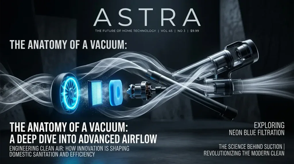 For this article, select a creative concept directly related to the topic, and create visuals with cinematic quality and the aesthetic of an editorial magazine cover, ensuring each composition is unique and distinct. The visuals must be in landscape format, with a 16:9 aspect ratio, and feature a wide, horizontal composition—vertical or square formats are strictly prohibited. Wide landscape format only, no portrait, no square.“Understanding Your Vacuum's Anatomy: The Basics of Airflow”