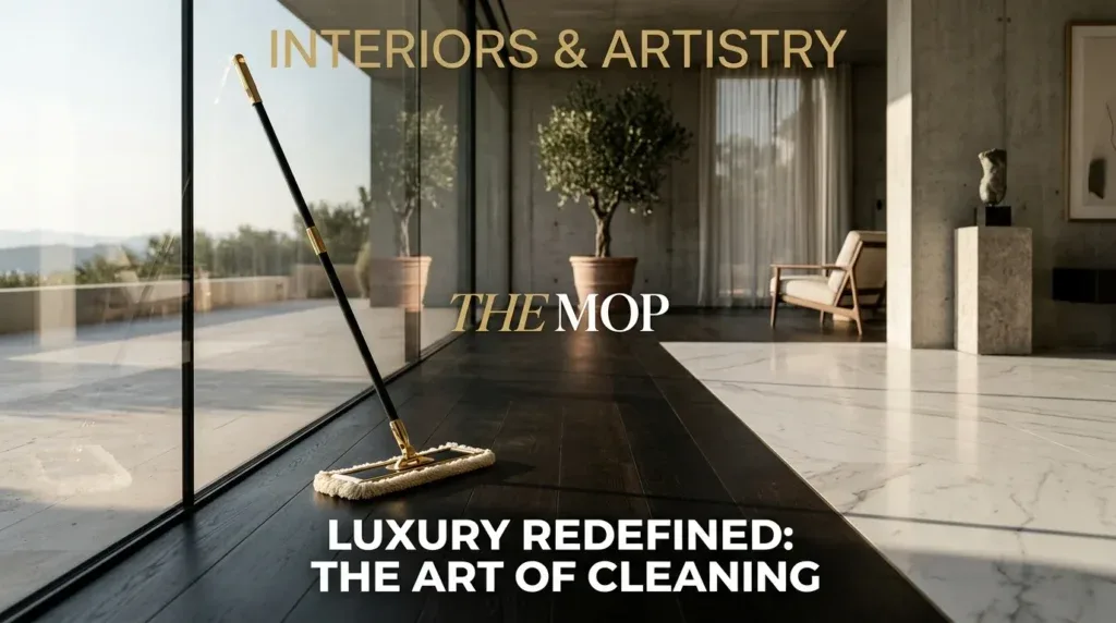 For this article, select a creative concept directly related to the topic, and create visuals with cinematic quality and the aesthetic of an editorial magazine cover, ensuring each composition is unique and distinct. The visuals must be in landscape format, with a 16:9 aspect ratio, and feature a wide, horizontal composition—vertical or square formats are strictly prohibited. Wide landscape format only, no portrait, no square.“Matching Your Mop to Your Floor Type: A Detailed Breakdown”