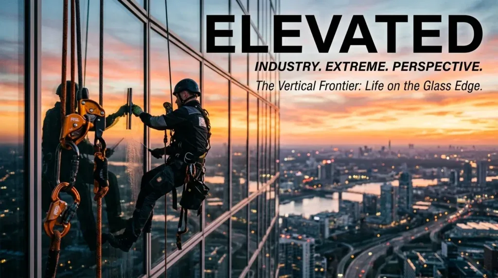 For this article, select a creative concept directly related to the topic, and create visuals with cinematic quality and the aesthetic of an editorial magazine cover, ensuring each composition is unique and distinct. The visuals must be in landscape format, with a 16:9 aspect ratio, and feature a wide, horizontal composition—vertical or square formats are strictly prohibited. Wide landscape format only, no portrait, no square.“Safety First: Non-Negotiable Protocols for High-Rise Cleaning”