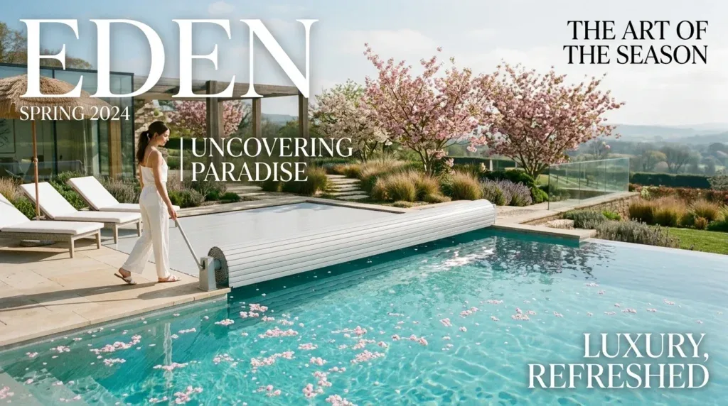 For this article, select a creative concept directly related to the topic, and create visuals with cinematic quality and the aesthetic of an editorial magazine cover, ensuring each composition is unique and distinct. The visuals must be in landscape format, with a 16:9 aspect ratio, and feature a wide, horizontal composition—vertical or square formats are strictly prohibited. Wide landscape format only, no portrait, no square.“Spring Awakening: Your Comprehensive Pool Opening Guide”