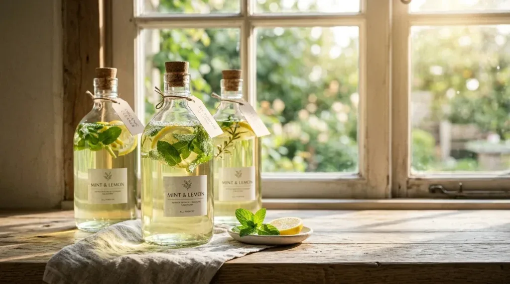 For this article, select a creative concept directly related to the topic, and create visuals with cinematic quality and the aesthetic of an editorial magazine cover, ensuring each composition is unique and distinct. The visuals must be in landscape format, with a 16:9 aspect ratio, and feature a wide, horizontal composition—vertical or square formats are strictly prohibited. Wide landscape format only, no portrait, no square.“Understanding Eco-Friendly Cleaners: What to Look For”