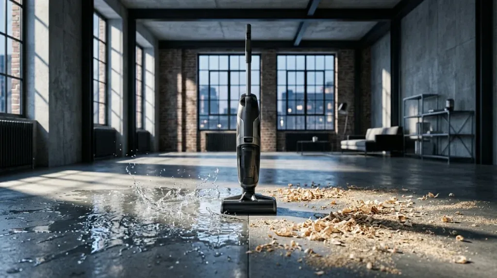 For this article, select a creative concept directly related to the topic, and create visuals with cinematic quality and the aesthetic of an editorial magazine cover, ensuring each composition is unique and distinct. The visuals must be in landscape format, with a 16:9 aspect ratio, and feature a wide, horizontal composition—vertical or square formats are strictly prohibited. Wide landscape format only, no portrait, no square.“Choosing Your Champion: Selecting the Right Wet/Dry Vacuum”